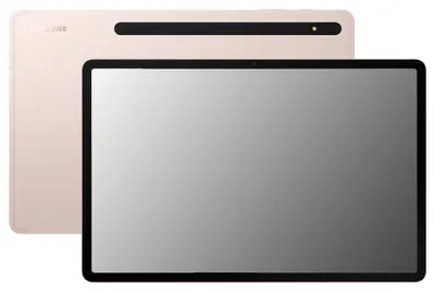A pink gold Samsung Galaxy Tab S8+ tablet is shown from the front and back.