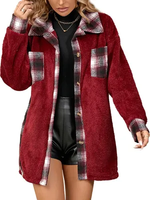 Produktbild von ASKSA Damen Fleecejacke Karierte Wolljacke Oversized Teddyfleece Winterjacke Winte Basic Warme Jacken mit Taschen (Weinrot,XL)