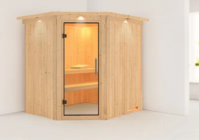 Produktbild von Karibu Sauna Innensauna Lilja Eckeinstieg ohne Zubehör 210x184x202 cm mit Dachkranz  mit Klarglastür