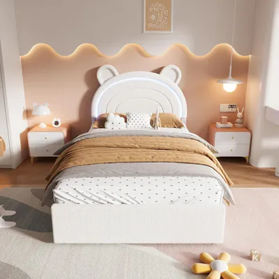Image de Lit pour enfant capitonné avec une tête de lit en forme d'ours et des tiroirs