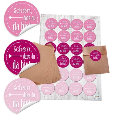 Produktbild von Logbuch-Verlag 24 Papiertüten braun 8,5 x 13 cm + 24 Aufkleber VIEL GLÜCK Sticker Kleeblatt Herzen schwarz Give-Away Geschenk z. Prüfung Silvester Neujahr Kraftpapier"Schön, dass du da bist" rosa, pink