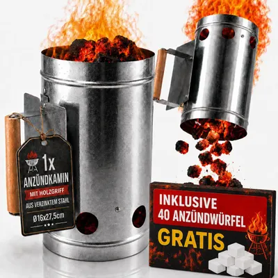 Produktbild von Anzündkamin Ø 16 x 27,5 cm, Grillstarter aus hitzebeständigem Stahl mit Holzgriff & Hitzeschutzschild für Holzkohle & Grillbriketts
