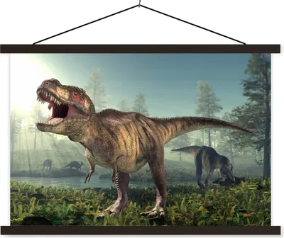 Produktbild von MuchoWow® Textilposter Dino - Gras - Zeichnung - Kinder - Jungen 150x100 cm mit schwarzem Rahmen - Schlafzimmer