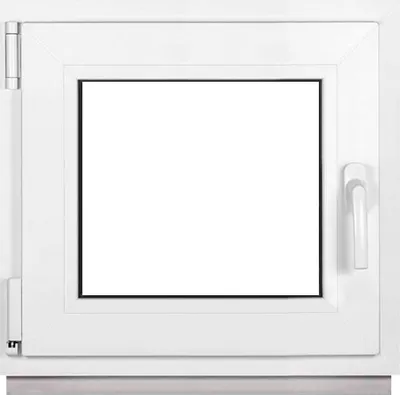 A white window frame with a clear glass pane, shown from the front.