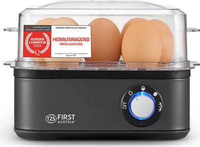 Produktbild von TZS First Austria Eierkocher, 8 Eier, 4 Stufen, Dampfgarfunktion, Abschaltautomatik, Signalton, Zubehör, kompakt, 500W, grau