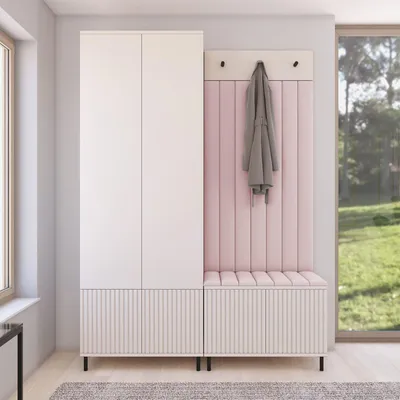 Produktbild von Garderoben-Set Ritmo Version 1 – gefräster Kleiderschrank mit hohen Füßen, gepolsterte Wandpaneele, Schuhschrank, für den Flur (cashmere, Trinity 19)