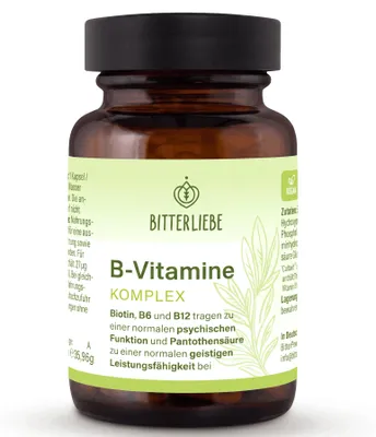 Produktbild von BitterLiebe Vitamin B Komplex - 60 Kapseln - alle 8 B-Vitamine hochdosiert & bioaktiv, mit Cultavit aus Buchweizen, 5-MTHF Folat & Methylcobalamin - vegan, 2 Monate Vorrat
