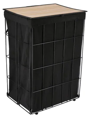 Produktbild von Waschekorb mit Deckel aus Bambus - schwarz/Metall - faltbar - 60 Liter - 40 x 30 x 60 cm
