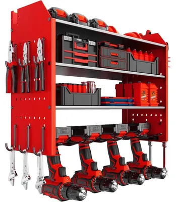 Immagine prodotto di Support a parete per utensili, 4 livelli, colore rosso, per garage e officina