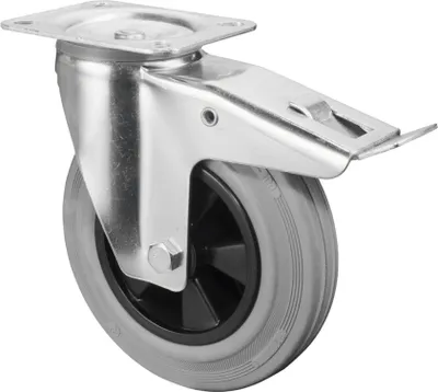 Produktbild von BS Rollen Transportrolle, Lenkrolle mit Totalfeststeller, Rad-Ø 200 mm, Tragf. 205 kg, Gummi grau, Bauhöhe 237 mm, Rollenlager