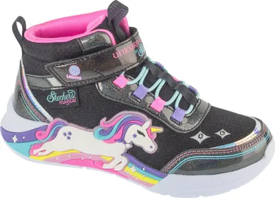 A single black high-top sneaker with a unicorn design and rainbow accents.