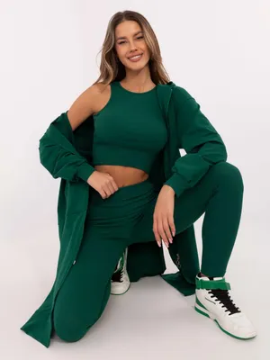 Produktbild von Eleganter Trainingsanzug Damen Set mit Leggings und Sweatshirt sportlich bequem Dunkelgrün Einheitsgröße (S-M)