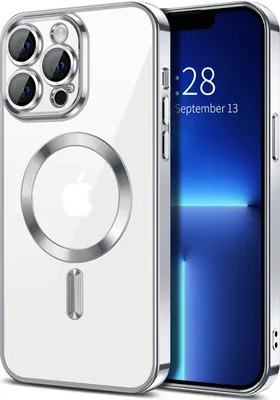 Obrázek produktu pro Magnetické čiré pouzdro pro iPhone 13 Pro, kompatibilní s MagSafe, galvanicky pokovené ochranné pouzdro s ochranou fotoaparátu Stříbro