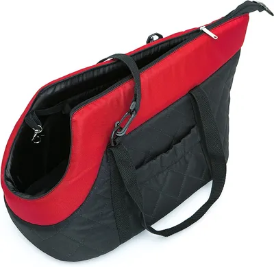 Obrázek produktu pro Lehká přepravní taška pro psy 25x50x27 cm - měkce polstrovaná s uchem na přenášení, černá s červenou barvou
