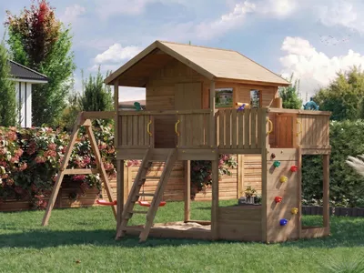 Produktbild von Fungoo Grün Braun Spielturm Stelzenhaus Sunshine, Kesseldruckimprägniert Kiefer Holz, Mit Spielhaus Doppelschaukel Kletterwand Sandkasten Toybox, Inklusive Sicherheitspaket Piraten Lenkrad Teleskop Periskop
