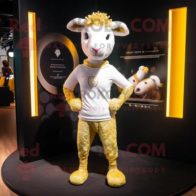 Produktbild von Goldenes REDBROKOLY Schaf Maskottchen kostüm gekleidet in eine Yogahose und Anstecknadeln