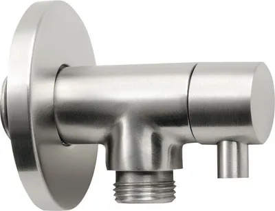 A close-up studio shot of a brushed stainless steel angle valve with a rosette.