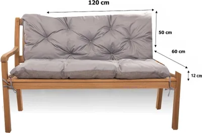 A garden bench with cushions, showing dimensions.
