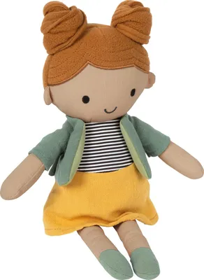 Productafbeelding van Stoffen pop, 39 cm groot, met een uitneembaar jasje en mooie details. Een rollenspeelgoed voor baby's en peuters. Artikelnummer: 12779 Maya