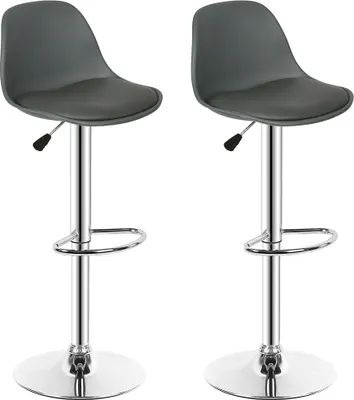 Two gray bar stools with chrome bases and adjustable height.