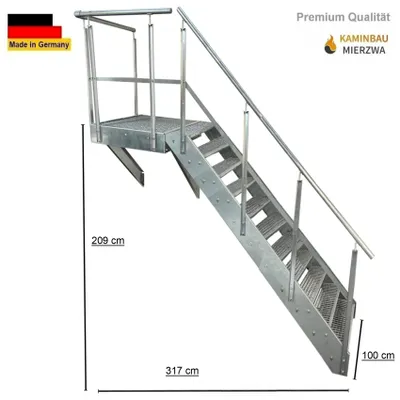 Produktbild von Podesttreppe Wangen- Stahltreppe 11 Stufen Höhe 209cm inklusive Podest 100x100cm mit Geländer Verzinkt / Ausrichtung Treppe Rechts / Aussentreppe