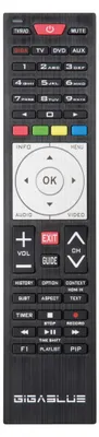 A black remote control with various buttons and labels.
