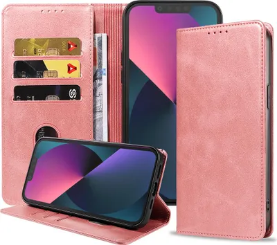 Produktbild von Smartphonica iPhone 13 Mini  Kunstledertasche mit Magnetverschluss und Kartenhaltern Buchhülle - Rosa