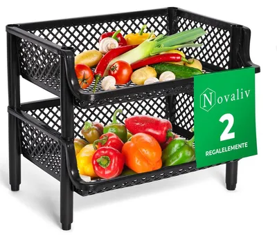 Produktbild von Novaliv 2 Stück Korbregal Schwarz Steckregal Stapelbar & Erweiterbar, Regale für Vorratsraum, Lebensmittelregal, Obstregal Keller Aufbewahrungssystem, Vorratskammer Ordnungssystem, Getränkeregal