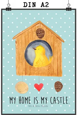 Produktbild von Mr. & Mrs. Panda Bild Vogel Haus DIN A2 - Türkis Pastell - Geschenk, Vogelhaus, Plakat, Zuhause, Wandbild, Familie, drucke, Lustige Sprüche, wanddeko, wandkunst, Wohnung