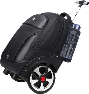 A black trolley backpack with large wheels and a telescoping handle, shown against a white background.