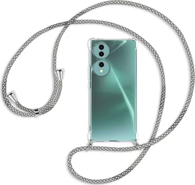 Produktbild von Handykette Backcover-Schutzhülle mit Band (Metall silberfarben) für Honor 70 5G (FNE-AN00, 6.67'') - weiß/grau kariert