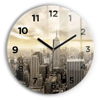 Produktbild von Wallfluent Wanduhr – Stilles Quarzuhrwerk - Uhr Dekoration Wohnzimmer Schlafzimmer Küche - Zifferblatt - schwarze Zeiger - 30 cm - Wolkenkratzer in New York