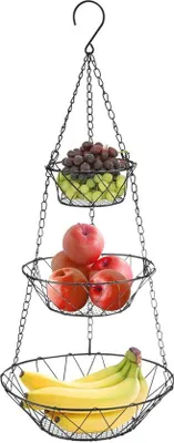 Image de Corbeille à fruits suspendue pour la cuisine - Élégant métal noir - Design compact et raffiné
