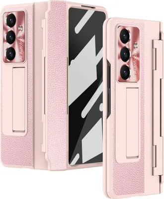 Produktbild von Hülle für Samsung Galaxy Z Fold 7 mit Displayschutz & Objektivschutz Litschi Ständer Schutzhülle Pink