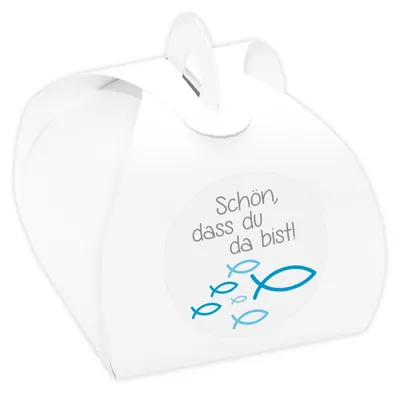 Produktbild von 24 x Kartonagen + Aufkleber 'Fische' Gastgeschenke Set für Taufe, Kommunion, Konfirmation (Schön, dass du da bist! - blau)