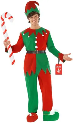 Produktbild von Kostüm für Herren als Weihnachtswichtel mit Harlekin-Oberteil, Hose, Gürtel, Elfenhut mit Pompon und Stiefeln