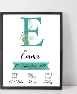 Produktbild von Personalisiertes Geburtsposter Name Uhrzeit Größe Gewicht | Kinderzimmer Babygeschenk | Geburt Baby Poster – A4 (21x29.7cm) / Grün / schwarzer Bilderahmen