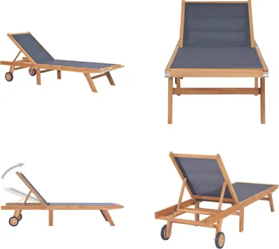 Image de vidaXL Chaise longue pliante avec roulettes Teck massif et Textilène - Chaise longue - Chaise longue en bois - Chaise longue en bois