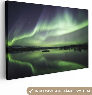 Produktbild von OneMillionCanvasses® - Leinwandbilder - 140x90 cm, Nordlicht - See - Island - Grün - Wald - Schnee, Wandbilder Kunstdruck Wanddekoration