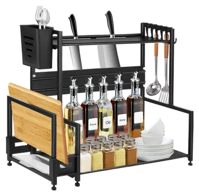 Produktbild von Gewürzregal Stehend Gewürzständer Gewürz Organizer Gewurzregalsystem aus Metall Küchenregal 48x36x21cm Schwarz