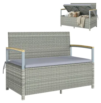 Produktbild von Outsunny Gartenbank Polyrattan 170L 2-Sitzer Sitzbank mit Stauraum Hellgrau