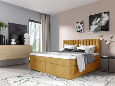 Produktbild von Boxspringbett Schlafzimmerbett LINNEA 200x220cm Stoff Senf inkl. Bettkasten