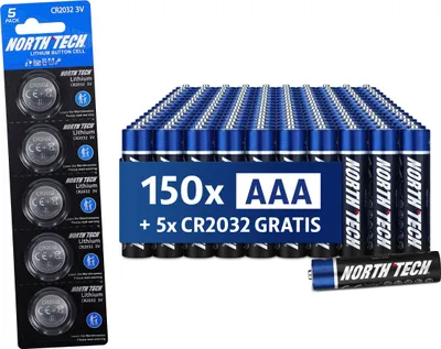 Produktbild von North Tech AAA Ultra Alkaline Batterien – 150 Stück + 5× CR2032 GRATIS | Langlebig, Auslaufsicher & Hochleistungsfähig | 1,5V Power für Hochstromgeräte | 10 Jahre Lagerfähigkeit
