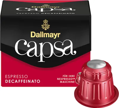 A box of Dallmayr Capsa Espresso Decaffeinato coffee capsules and one capsule.