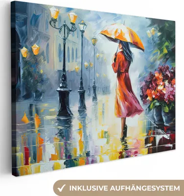 Produktbild von MuchoWow® - Leinwandbilder - Ölgemälde - Regenschirm - Frau - Straße - Kunst, Wandbild, Wanddeko Bilder Wohnzimmer, 80x60 cm