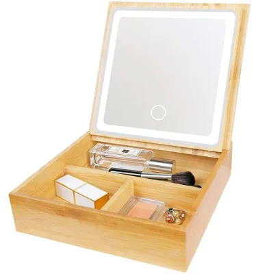 Image de Boîte à bijoux / rangement 2-en-1 UNIQ avec miroir LED - Jolie boîte en bambou pour le maquillage et les bijoux
