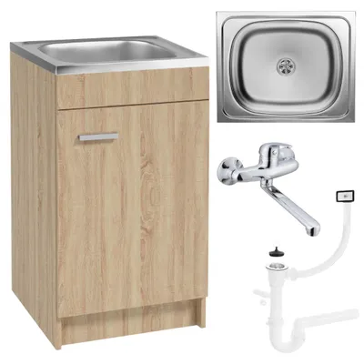 Zdjęcie produktu dla Szafka Kuchenna Sonoma + Zlewozmywak 50 x 40 + Bateria Ścienna Chrom Syfon