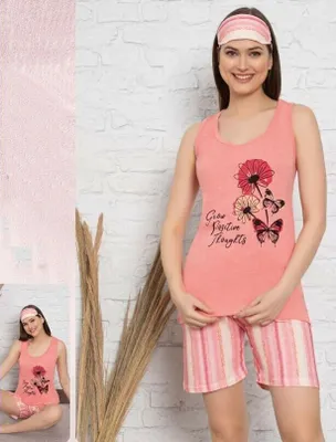 Produktbild von Damen Pyjama Baumwolle Shorty Lachsfarbe XL Kurz Schlafanzug 3-Teiler Set mit Augenband E-97