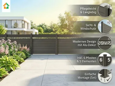 Produktbild von WPC‑Sichtschutzzaun Valla – 5 Elemente 6 Pfosten mit Dekorleisten, ca. 9,1×1,3 m