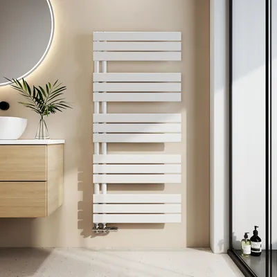 A modern bathroom with a vanity, sink, mirror, and a white towel warmer.